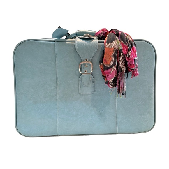 Handbags - Vintage 1970s Blue Faux Leather Large Suitcase with‎ Buckle Front & Lock